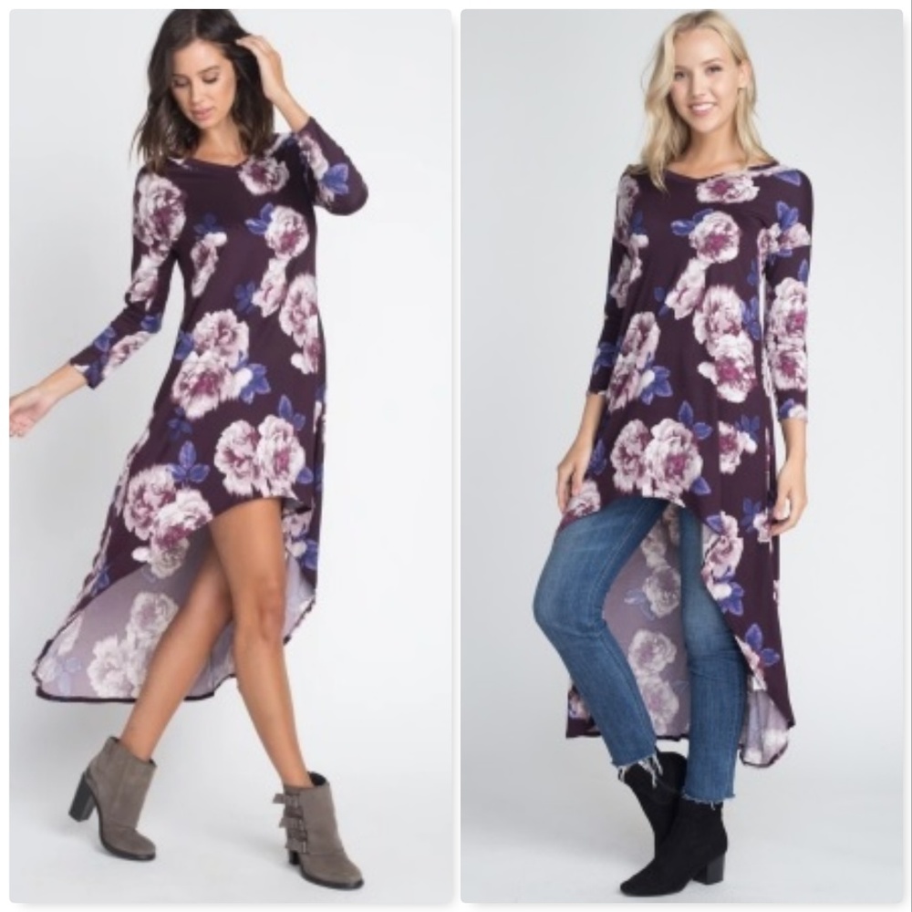 Plum floral hi low maxi tunic - Picture 2 of 3